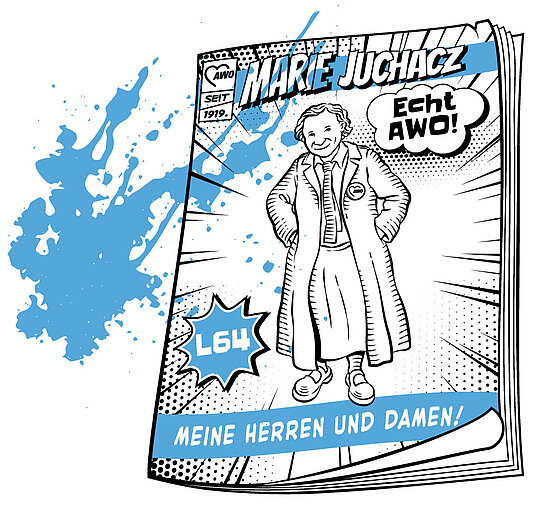 Ein gezeichnetes Comic auf dessen Einband siehst du die Frauenrechtlerin und Gründerin der AWO, Marie Juchacz.