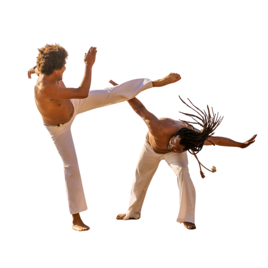 Zwei Menschen tanzen Capoeira.