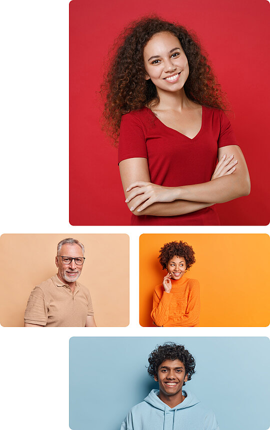 Vier Personen posieren für ein Foto in verschiedenen Farben - Karriere bei der AWO Mönchengladbach.