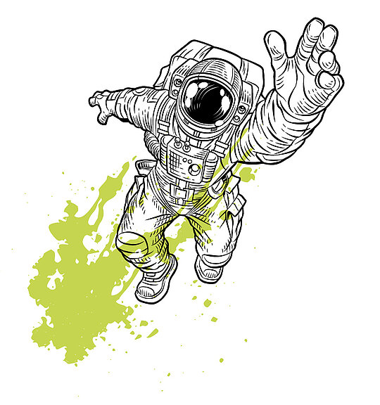 Zeichnung eines Astronauten der nach oben springt.